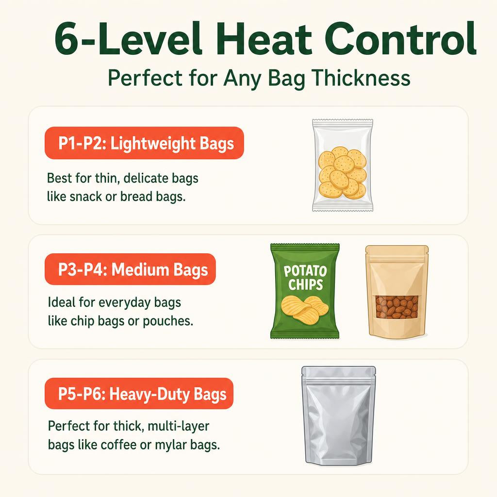 6-level heat control for any bag thickness