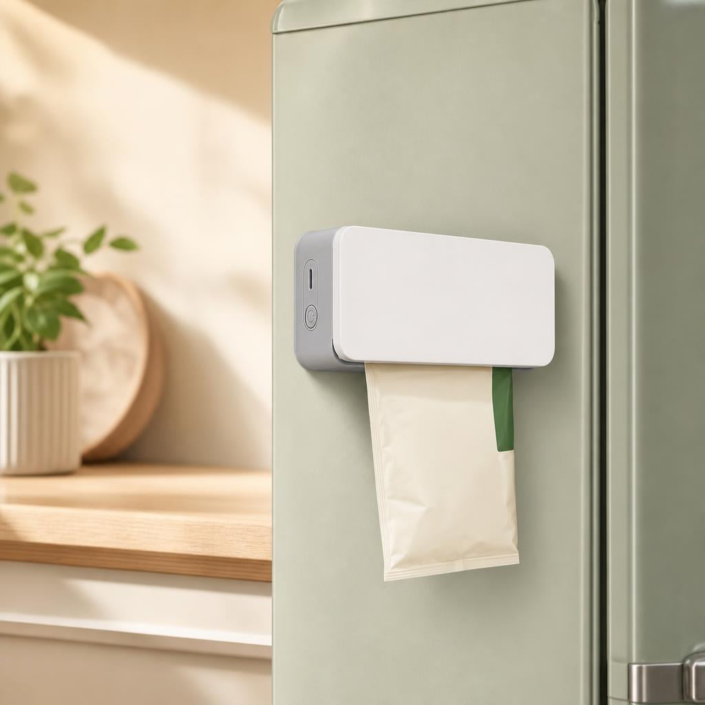 LockNSeal Mini Bag Sealer attached to fridge with magnetic base